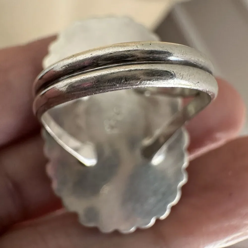 VTG Navajo James Shay Ring Wild Horse Stone Size 8.5 Sterling Silver Floral 9.9g